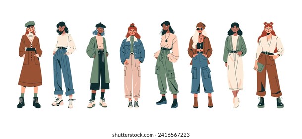 Mujeres elegantes con ropa de moda. Personajes de caricatura con atuendos de moda con accesorios diferentes, señoras modernas y hipster en ropa informal. Conjunto aislado de vectores.