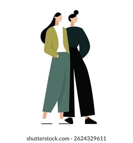 Stylish women in modern outfits standing together in a relaxed pose against a minimalist background