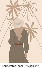 Stylish Women On Vacation, Illustration In Minimalistic Style, Flat Art, Summer Holiday Design. Great For Wall Art, Above Bed Sign, Teen Girl Room Decor, Dorm Collage Kit In Peach, Beige, Pink Colors