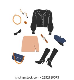 Stylish women outfit. Skirt blouse boots bag glasses accessories, fashion spring fall look. Vector cartoon illustration