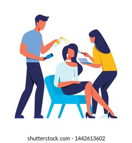 Stylish Women Sitting in Chair in Beauty Salon. Hairdresser Makes Laying and Makeup Artist. Beauty Training for Women. Vector Illustration. Discussion Masters and Client. Beauty Services.