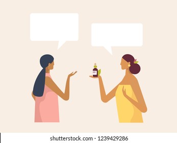 Stylish women speak through speech bubbles. Place for your text. One of them advise another organic natural cosmetics cream for body care and beauty. Vector illustrations in flat design style
