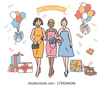 Stylish women are standing in fancy dresses. Firecrackers are blowing around and gift boxes are piled up. hand drawn style vector design illustrations. 