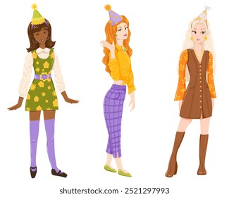 Stylish women in vintage 60s style. Confident retro female characters. 1960s fashion teenager girls vector illustration. Hippie girls wear colourful clothes and retro party hats