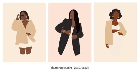 Stylish women wearing fashion clothes set. Girls in outfits of modern trendy style. Females in formal, casual and evening apparels. Flat vector illustrations isolated on white background