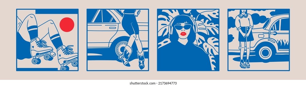 Stylish women wearing trendy fashion clothes. Girl stands near car. Ladies with retro skates and headphones. Set of four blue and red Hand drawn Vector illustrations. Poster, print, logo templates