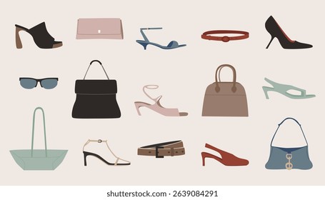 Stylish women's accessories collection.  Set of handbags, shoes, belts, and sunglasses.