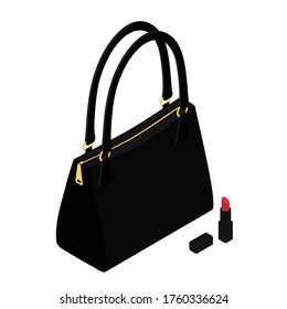 Stylish women's accessories. Set of beautiful black women's handbag and red lipstick on a white background. Isometric view. Vector