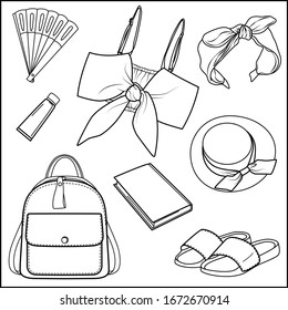 Stylish women's accessories set. Vector fashion and style card. Women clothes.