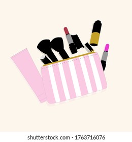 Stylish women's cosmetic bag, lipstick, cream, brushes. Flatlay. Vector illustration