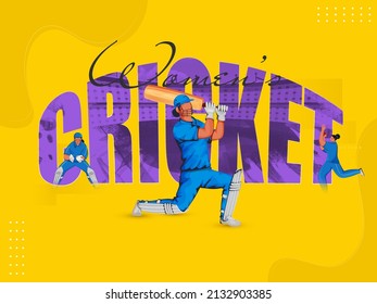 Stylish Women's Cricket Font With Female Cricketer Players In Different Poses On Chrome Yellow Background.