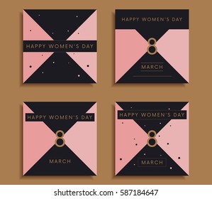 Stylish women's day celebration card with geometric design elements. Light pink and black triangles forming an envelope or gift box shape. Vintage and retro feel 8 March concept vector template.