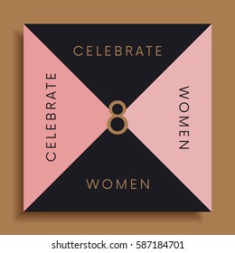 Stylish women's day celebration card with geometric design elements. Light pink and black triangles forming an envelope or gift box shape. Vintage and retro feel 8 March concept vector template.