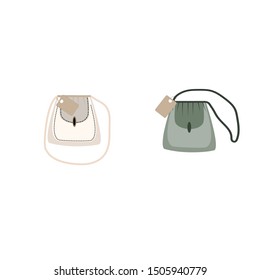 Stylish womens handbag -for shipping shopping. Trendy leather accessories of different types isolated on white background. Design vanity-bag. Colorful vector illustration.