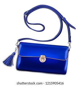 Stylish women's leather navy blue handbag with a brush on a long strap