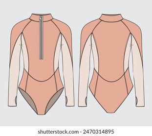 Stylish Women's Long-Sleeve Zip-Up Wetsuit Swimsuit: Front and Back CAD Mock-Up