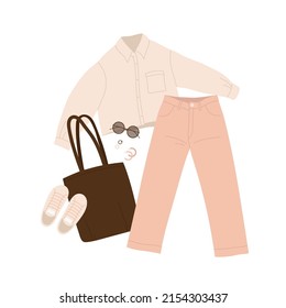 Stylish women's outfit. pink jeans, sneakers, shirt, bag and accessories. Fashion summer look aesthetic. Casual wear, street style. Vector cartoon illustration. Isolated white background.