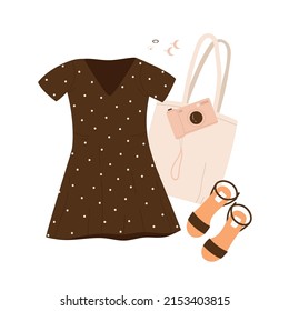 Stylish women's outfit. Short polka dot dress, sandals, bag, camera and accessories. Fashion summer look aesthetic. Casual wear, street style. Vector cartoon illustration. Isolated white background.