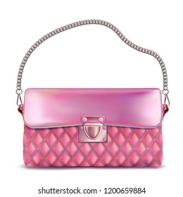 Stylish women's pink handbag with chain handle.