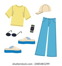 Stylish women's summer outfit. Jeans, t-shirt, cap, flip flops, watch, glasses, jewelry. Vector cartoon illustration.