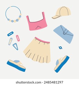 Stylish women's summer outfit. Top, t-shirt, flip flops, glasses, jewelry, necklace, earrings, ring. Vector cartoon illustration