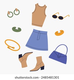 Stylish women's summer outfit. Top, skirt, boots, glasses, jewelry, necklace, earrings, ring. Vector cartoon illustration