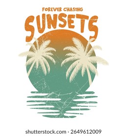  Stylish Women's Summer Palm Tree Letter Print Apparel Design. Artistic "Summer Sunsets" palm tree graphic, elegant for women's summer.
