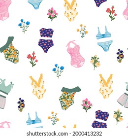 Estiloso patrón sin fisuras de vectores de ropa de baño para mujeres. Trajes de baño de una pieza y dos piezas o tops bikini y fondo de fondo multicolor brillante. Mujeres nadando ropa, ropa de playa.