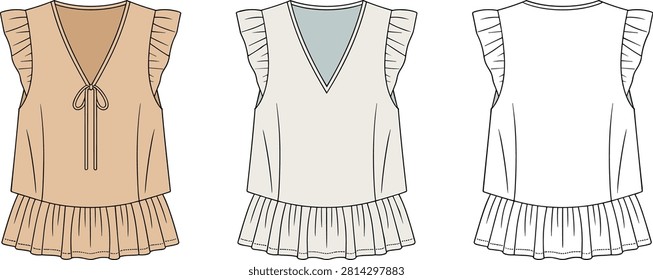 Stylish women's V-neck blouse vector flat sketch with elegant ruffled sleeves and a gathered peplum hem. Features a delicate tie detail at the neckline, perfect for fashion illustrations.