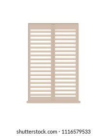 Stylish wooden lattice shutters with windowsill. Interior design luxurious element. White shutter of high quality isolated flat vector illustration.