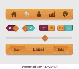 Stylish wooden texture mobile app smartphone tablet web interface element set. Wood textured tab navigation bar radio switch button slider. Interfaces elements collection.