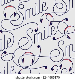 Stylish Wording of Smile create by modern earphone seamless pattern vector design for fabric,wallpaper,fashion ,and all prints on light grey background color