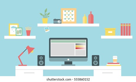 Stylish workplace with bright accents. Vector illustration