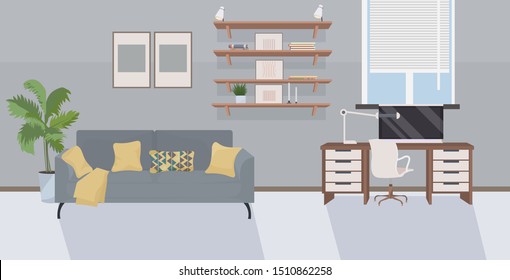 stylish workplace with computer at home empty no people house with furniture modern living room interior flat horizontal