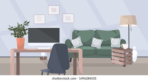 stylish workplace with computer monitor at office modern living room or cabinet interior empty no people apartment with furniture flat horizontal