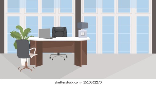 stylish workplace with computer monitor at office modern cabinet interior empty no people room with furniture flat horizontal