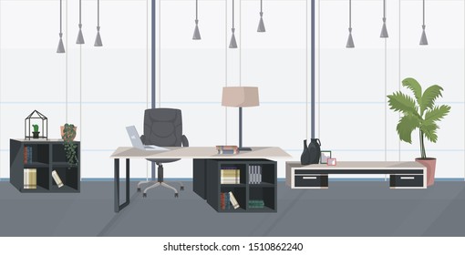 stylish workplace with laptop modern office cabinet interior empty no people room with furniture flat horizontal