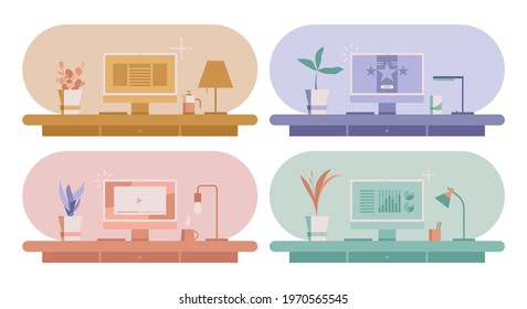 Stylish workplace set. Vector flat style illustration. Modern work space in minimalistic style. Computer and laptop working environment. Home office study desk.
