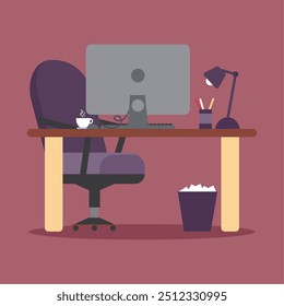 Elegante espacio de trabajo con ordenador, escritorio y silla en una moderna Ilustración vectorial de oficina