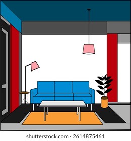 Stylish workspace vector with a clean desk, modern chair, and red accent wall. Perfect for illustrating home office setup, productivity, and minimalist interior design.