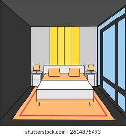 Stylish workspace vector with a clean desk, modern chair, and red accent wall. Perfect for illustrating home office setup, productivity, and minimalist interior design.