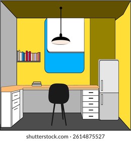 Stylish workspace vector with a clean desk, modern chair, and red accent wall. Perfect for illustrating home office setup, productivity, and minimalist interior design.