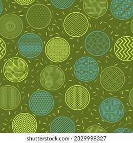 Papel de envolvimiento estiloso imprimen adorno interminable geométrico. Formas circulares con abstracciones orientales en el interior. Motivos japoneses en las burbujas. Fondo de textura inclinado. Diseño de envoltura de té.