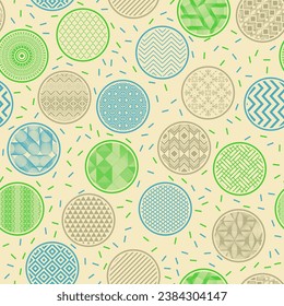 Stylish wrapping paper swatch geometric seamless ornament. Circular shapes with oriental patterns inside. Korean motives in bubbles. Mottled texture background. Gift wrapper design.