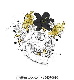 Stylish in a wreath of flowers. Vector illustration for a card or poster, print on clothes. The hipster skeleton. Fashion & Style.