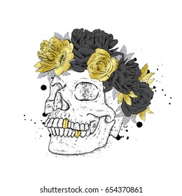 Stylish in a wreath of flowers. Vector illustration for a card or poster, print on clothes. The hipster skeleton. Fashion & Style.