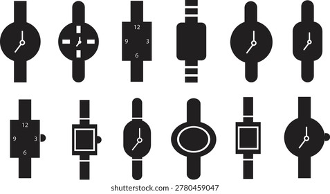 Stylish Wristwatch Icon Collection Set group Modern Analog Watch Silhouette Pack Minimal Timepiece Vector Design Bundle
Classic Smartwatch Outline Symbols
