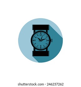 Stylish wristwatch illustration, elegant timepiece with dial and an hour hand. Corporate design emblem or web element. 