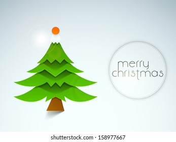 Stylish Xmas tree created from green paper pieces on occasion of Merry Christmas celebration, can be use as flyer, banner or poster. 