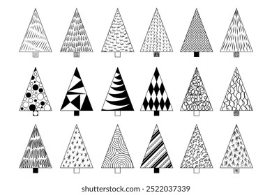 Stylish Xmas tree texture collection for design, card, poster, scrapbooking. Vector Christmas tree icons, hand-drawn in various lines winter holiday symbols. Set of New year sketch fir or pines symbol